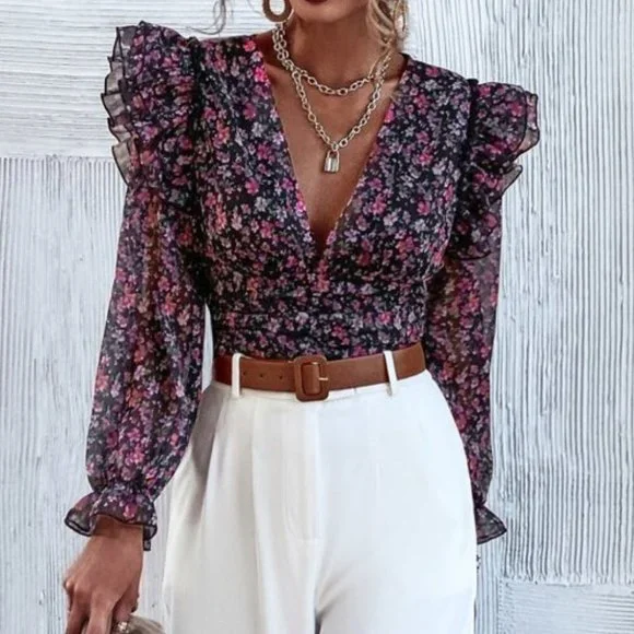 Contemporary floral ruffle detailed blouse top - Picture 1 of 10